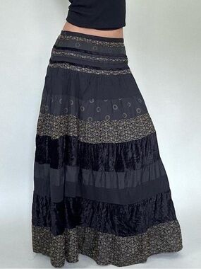SOLD Whimsigoth Bohemian Black & Gold Tiered Maxi Skirt Velvet Floral Patterns